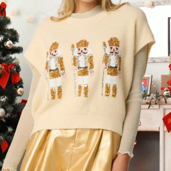 Khaki Casual Women's Sequin Christmas Sparkly Soldier Sweater Vest - Picture 1 of 1